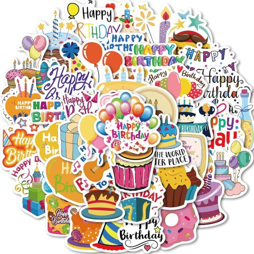 50Pcs Happy Birthday Stickers for Kids Teens Vinyl Waterproof Cute Birthday Party Stickers for Water Bottles Cartoon Happy Birthday Stickers for Gift Laptop Hydroflask Journaling