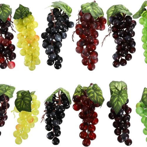 ZEAYEA 12 Bunches Artificial Grapes, Simulation Lifelike Grape Clusters, Decorative Rubber Fake Grapes for Wedding Kitchen Wine Centerpiece Decoration Photography Faux Fruit Props, 6 Colors, 2 Size