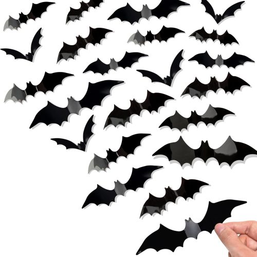CT07018HLD03GT_1 Bobobag 120 Pcs 3D Bats Halloween Decorations,Halloween Wall Decor 4 Sizes Black Bats Sticker for Wall Window