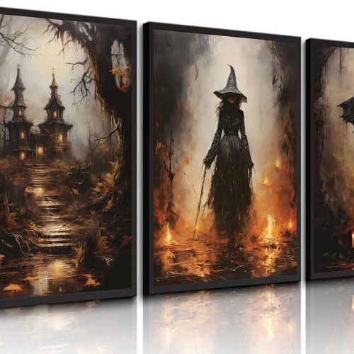 3Pcs Halloween Wall Art Horror Pumpkin and Witch Party Canvas Paintings Vintage Gothic Wall Decor Spooky Castle Prints Flying Bat Moon Night Posters Pictures for All Saints' Day Party Home Unframed
