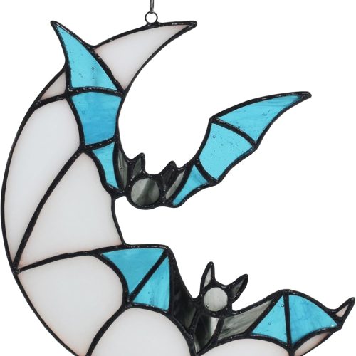 Two Bat with Moon Stained Glass Window Hangings, Bat Suncatcher for Wall Window Hanging Halloween Decoration