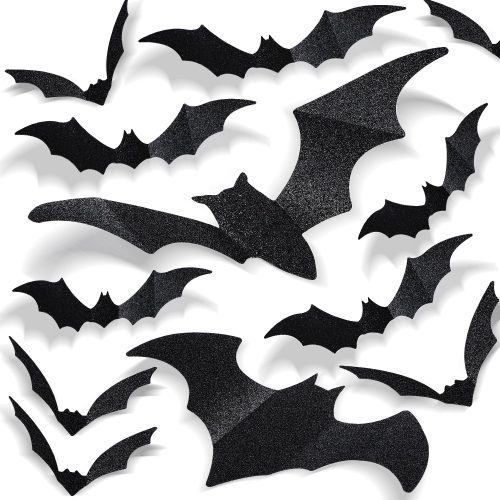 CT07018HLD223GT_1 DIYASY 56 Pcs Large Bats Wall Decor, Glitter Hanging Bat Halloween 3D Plastic Bats Stickers Waterproof Spooky Bat for Home Party Room Decorations 4 Size