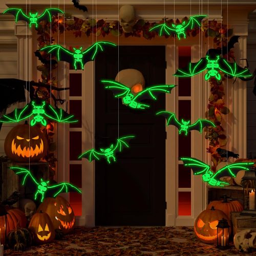 12PCS Halloween Hanging Bats Decorations, Large Plastic Flying Bats with Realistic Scary Glowing Skeleton Bats for Halloween Outdoor Tree Porch Yard Lawn Indoor Decor, Black