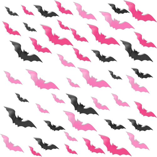 3D Halloween Wall Bats Decor - 48 Pink PVC Bats Stickers & Decals for Home, Indoor Spooky Theme