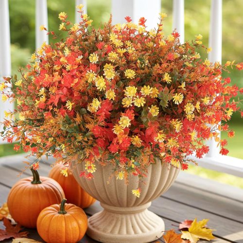 MACTING Fall Artificial Flowers for Outdoors 12 Bundles Faux Mums Outdoor Plants UV Resistant Fake Plastic Greenery Shrubs for Planters Garden Porch Balcony Indoor Outside Autumn Thanksgiving Decor