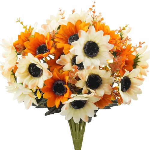 Artificial Autumn Daisy Flowers 4 Bundles Fall Flowers with 10 Sunflowers Head Fake Outdoor Orange Flowers for Window Box Garden Porch Centerpieces Wedding Decor
