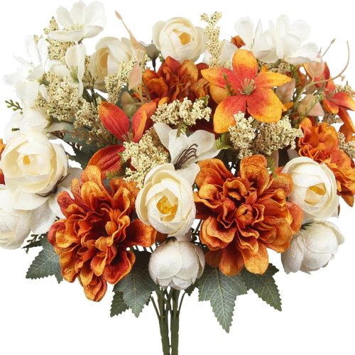 CISDUEO 2 Pcs Artificial Fall Flowers Bouquets 2 Colors Artificial Marigold Orange Autumn Silk Roses Flowers Fall Florals Stems Faux Flowers Arrangements for Cemetery Wedding Table Centerpieces Decor
