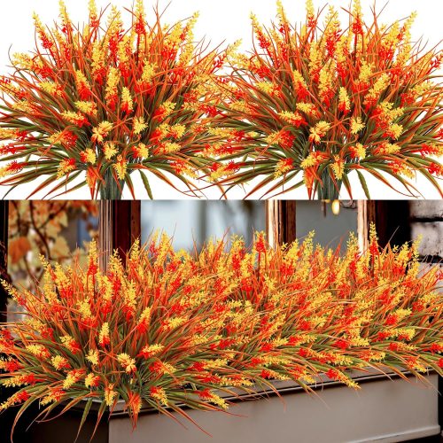 Artificial Fall Flowers for Outdoors, 24 Bundles Lavender Fake Mums Plants UV Resistant Plastic Faux Flowers with Monkey Grass for Home Porch Garden Planters Window Box Autumn Thanksgiving Decorations