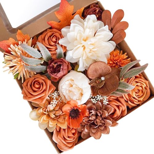 AKKER Terracotta Artificial Wedding Flowers Combo Box Set Burnt Orange Flowers Fall Silk Flower in Bulk for DIY Wedding Bouquets Decorations