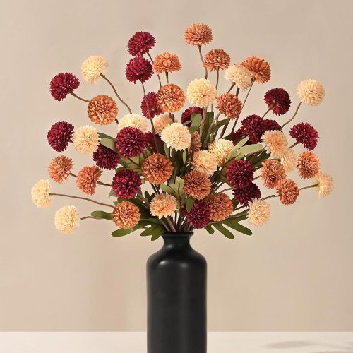 6pcs Fake Fall Flowers Faux Silk Pompon Mums, Bulk Fake Mini Chrysanthemums with Stems, Artificial Kiku Flowers for Vase DIY Centerpieces Bouquet Floral Arrangements Decorations, Mixed Orange