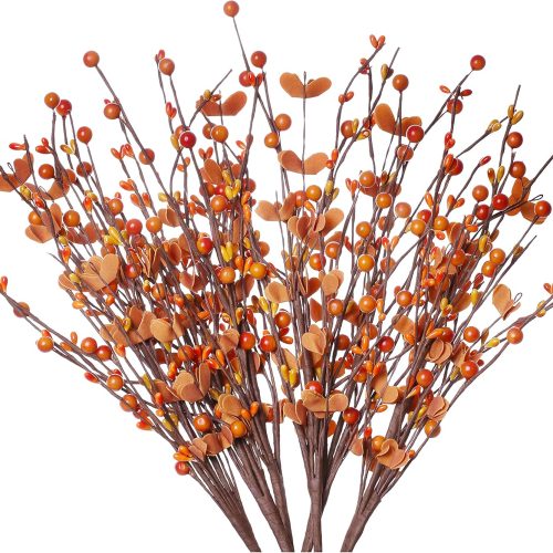 6PCS Fall Stems,17in/43cm Tall Artificial Fall Berry Picks Autumn Berry Spray for Flower Arrangement and Fall Decor (Red Orange Berries and Leaves)