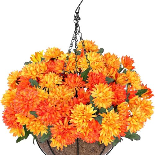 Artificial Faux Fall Mums Hanging Flowers Plants Basket for Outdoor Decor, 75 UV Resistant Fake Silk Orange Yellow Daisy in Planter Real Look for Autumn Porch Home Patio Garden Yard Decoration