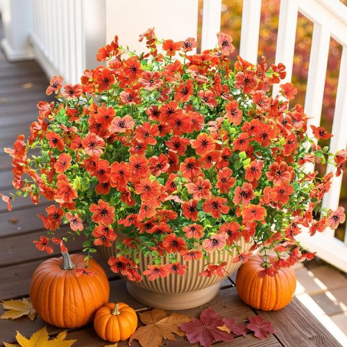 Artificial Fall Flowers Faux Mums for Outdoor Indoor Garden Home Decoration, Faux Flower Daisy with Eucalyptus Leaves Fake Mums Plants Greenery Boxwood Porch Patio, 12 Bundles (Orange)