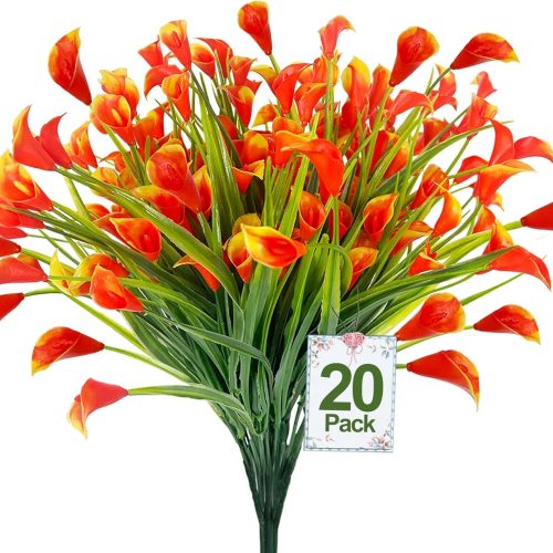 TURNMEON 20 Bundles Calla Lily (500 Heads) Fall Artificial Flowers for Outdoors, Fake Mums Plants UV Resistant Faux Plastic Fake Flowers for Indoor Planter Home Porch Summer Fall Decor(Orange Red)