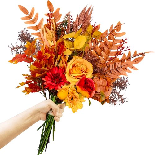 Artificial Fall Flowers Bouquets, 21.6” Autumn Fake Silk Orange Flowers Wedding Bouquets with Fall Florals Stems for Bridal Bridesmaid, Rustic Home Thanksgiving Table Centerpiece Decor