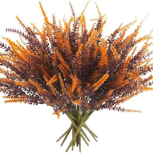 12 Bundles Artificial Fall Flowers Outdoors Fake Fall Lavender Flowers UV Resistant Plastic Faux Fall Plants for Indoor Home Porch Autumn Thanksgiving Fall Decorations (Brown)