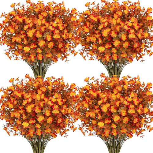 Ouddy Decor 24 Bundles Artificial Fall Flowers for Decorations, Fake Mums Faux Silk Flowers Fake Plants for Garden Porch Window Box Planter Home Farmhouse Autumn Harvest Thanksgiving Decor, Orange