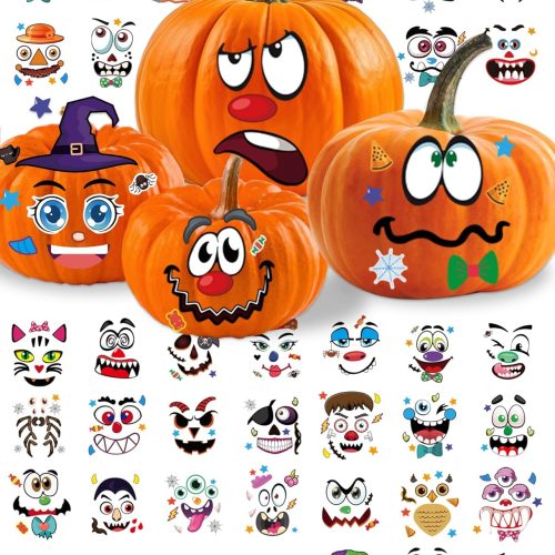 Aowplc Pumpkin Decorating Stickers Kit - 48 Different Fun Faces, Large Halloween Stickers for Crafts, Party Favors, and Treats