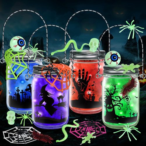 4Pack Halloween Crafts for Kids, Halloween Mason Jar with Accessories, DIY Arts and Crafts Kits for Kids Age 3-10