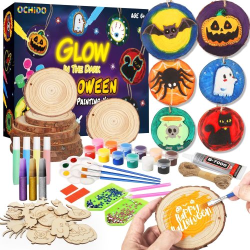 OCHIDO Halloween Wooden Painting Craft Kits for Kids,Halloween Crafts for Party Favors,Glow in The Dark Painting Kit for Kids Ages 6-12,Halloween Decorations