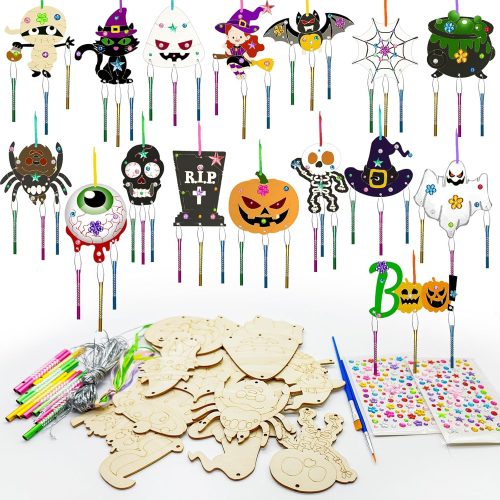 16 Pack Halloween Wind Chime Kit,Halloween Hanging Ornaments DIY Coloring Wooden Pumpkin Witch Spider Boo Cutouts Ghosts Crafts for Trick or Treat Party Art Activity Supplies Decoration (Halloween)