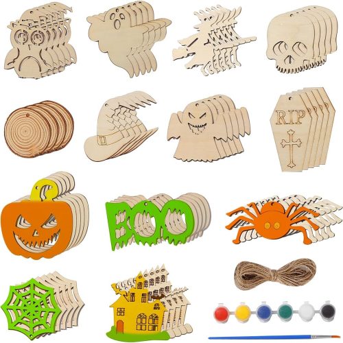 Sanendin 52 Pcs Halloween Craft Wooden Kit - Wooden Halloween Cutouts, Decorations, Party Supplies