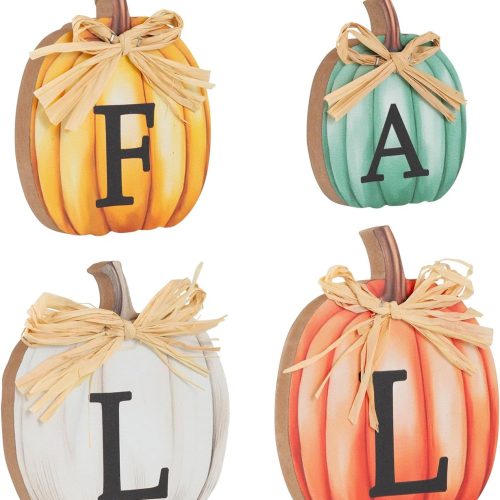 4 PCS Fall Pumpkin Wooden Signs Autumn Small Table Decoration Tiered Tray Pumpkin Tabletop Decor for Thanksgiving Home Kitchen Harvest Party Decor