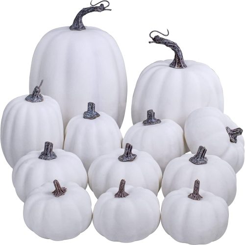 Artificial White Pumpkins Bulk Faux Harvest Pumpkins for Fall Wedding Thanksgiving Halloween Seasonal Holiday Tabletop Decoration Centerpiece 12 Pcs Assorted Sizes