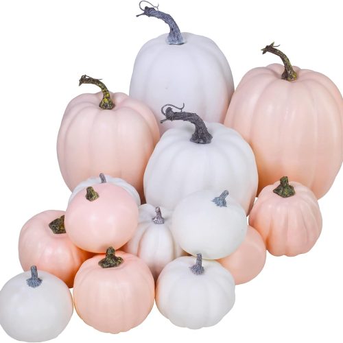 14 pcs Assorted Harvest Artificial White and Pink Pumpkins Decorative Pumpkins Faux Foam Pumpkins for Farmhouse Fall Halloween Harvest Wedding Baby Shower Tabletop Centerpiece Mantel Kitchen Decor