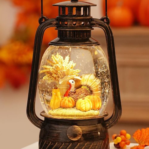 Fall Decor Snow Globe Thanksgiving Decoration Turkey Lantern Light-Up 6H Timer Halloween Pumpkin Glitter Autumn Scene Snow Globes Fall Decoration for Home
