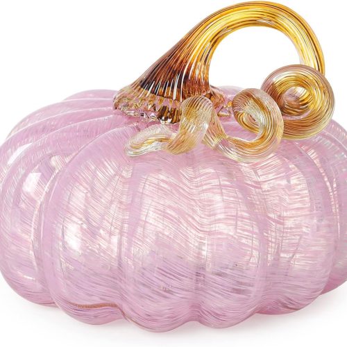LONGWIN Hand Blown Glass Pumpkin Figurines 5.2 x 3.7 Inch Crystal Fake Pumpkin Deorative Ornaments for Tabletop, Halloween, Thanksgiving, Fall Harvest Pink