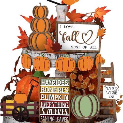 CT07022EZ184GT_1 Sumind 15 Pcs Fall Tiered Tray Decor Set Fall Decorations for Home Autumn Wood Signs Thanksgiving Orange Brown Table Signs Farmhouse Wooden Maple Pumpkin Gnomes Tabletop for Festival(Harvest)