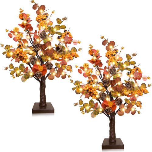 [ Prelit & Timer ] 2 Pack Fall Decor Tabletop Fall Tree with 48 LED Battery Operated, Maple Tree 288 Eucalyptus Leafed 12 Pinecones Berried Thanksgiving Fall Decorations for Home Table Decor 18 Inch