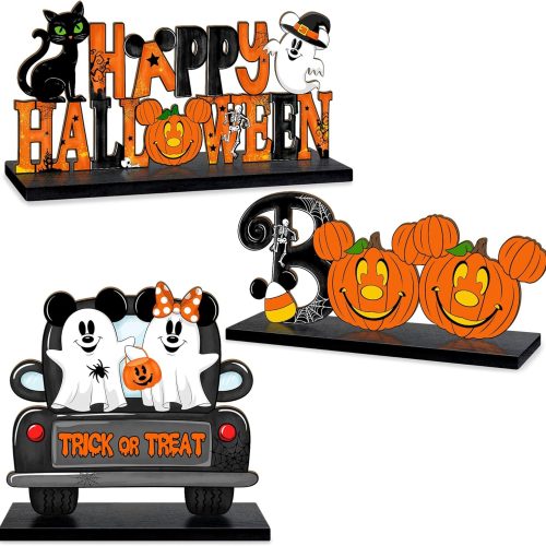 3 Pcs Halloween Table Sign Decor Mouse Shaped, Cute Ghost Happy Halloween Boo Wooden Signs, Pumpkin Rustic Wood Centerpiece Tabletop Ornament for Kids Holiday Tiered Tray Halloween Party Decorations