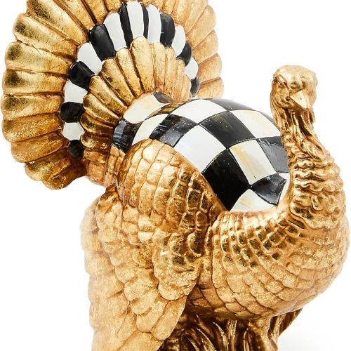 MACKENZIE-CHILDS Courtly Check Mini Gold Turkey Figurine, Resin Fall Home Decor