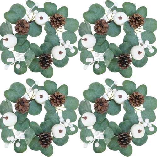 Winlyn 4 Pack Fall White Pumpkin Candle Rings Faux Eucalyptus Candle Rings Wreaths with Pumpkins Berries Pinecones Artificial Greenery Farmhouse Wreaths 11" for Neutral Autumn Cabinet Tabletop Décor