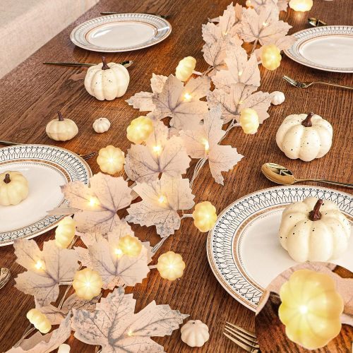 TURNMEON Pumpkin Lights & 60 LED, 2 Pack Fall Garland Fall Decor, Total 20Ft Maples Leaf Garland Fall Lights Fall Decorations for Home Thanksgiving Halloween Indoor Outdoor Mantle Fireplace Porch