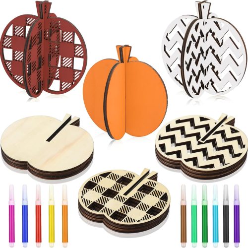 CT07022EZ309GT_1 Huwena 36 Pcs Fall Crafts Set 24 Wooden Pumpkin Cutouts with 12 Colored Markers Unfinished Pumpkin Wood Slices to Paint Thanksgiving Crafts for Fall Autumn Party Table Tiered Tray