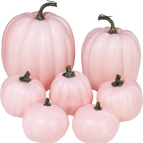 Winlyn 7 Pcs Assorted Sizes Fall Artificial Peach Pink Pumpkins Harvest Faux Foam Light Pink Pumpkins for Fall Autumn Season Halloween Thanksgiving Harvest Festive Tabletop Decoration