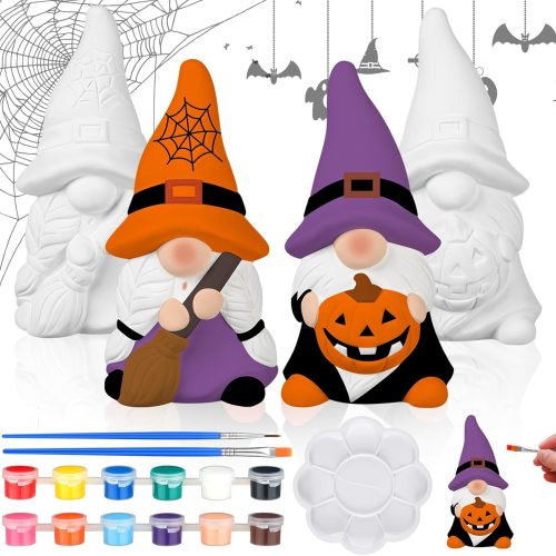Hollowfly 2 Pack Halloween Ready to Paint Your Own Gnome Statues, 4 Spider Web Pumpkin Mini Blank Ceramics Unpainted Gnome Figurines Craft DIY Art with Brush Palette Paint for Adults