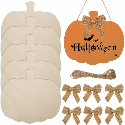 CT07022EZ352GT_1 12 Pieces Large Wooden Pumpkin Cutout 12 Inch Unfinished Wood Pumpkin Craft Cutout Blank Wooden Pumpkin Shape Cutout with Bows for Fall Thanksgiving Halloween Party Home DIY Craft Decoration