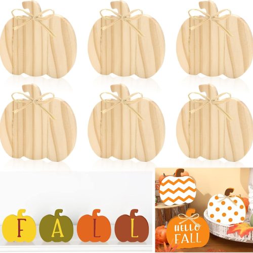 Whaline 6Pcs Fall Pumpkin Wooden Sign Cutouts with Raffia Unfinished Pumpkin Shaped Table Wooden Signs for Autumn Thanksgiving Halloween Tiered Tray Home Decor DIY Crafts