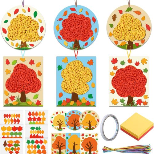 24 Sets Fall Craft for Kids Autumn Tree Craft Kit Fall Classroom Decor Make Your Own Autumn Tree Crinkle Tissue Leaf DIY for Thanksgiving Party Preschool Classroom Home Activity Gifts