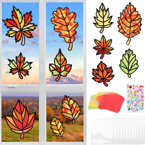 Fennoral 12 Pack Maple Leaf Craft for Kids Make You Fall Own Stained Glass Craft Kit for Girls Boys Maple Leaf Window Stained Glass Suncatchers for DIY Fall Art Activities Autumn Thankgiving Dcoration