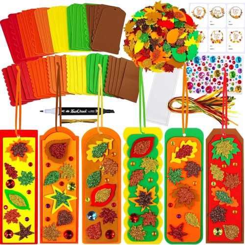 Winlyn 36 Sets Fall Craft Kits Autumn Crafts DIY Leaf Bookmarks Decorations Art Sets Maple Leaf Glitter Foam Stickers Arts and Crafts for Kids Thanksgiving Halloween Classroom Activities