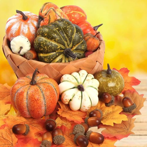 FOIMAS Mini Artificial Pumpkins,Lifelike Faux Pumpkin Gourds Acorn Maple Leaves for Halloween Fall Thanksgiving Party Table Decoration Supply