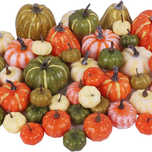 winemana 46 Pcs Assorted Size Artificial Pumpkins Fall Decorations, Mixed-Color Foam Pumpkin Autumn Decor, Decorative Faux Pumpkin for Thanksgiving Table Centerpiece Mantle Bowl Wedding Party