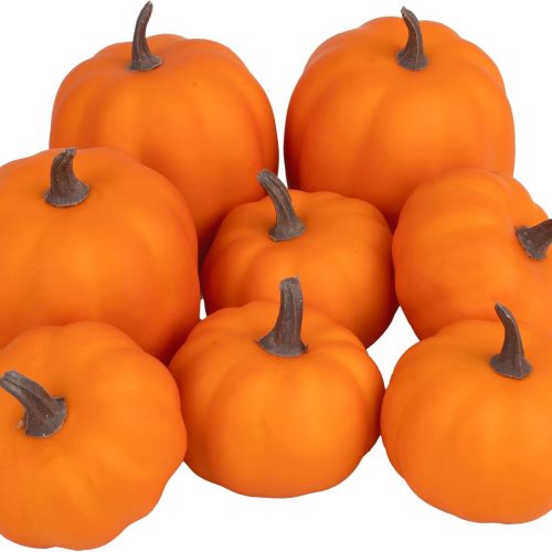 Artgar Orange Artificial Pumpkins, Harvest Decor Foam Pumpkin 8 PCS Set for Halloween Thanksgiving Fall Decorations, Realistic Faux Pumpkins for Festive Home Decor