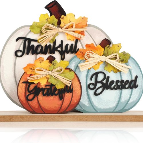CT07022EZ65GT_1 3 Pcs Fall Pumpkin Decor Wooden Table Sign Thankful Blessed Grateful Tabletop for Autumn Farmhouse Vintage Thanksgiving Harvest Party Rustic Home Room Table Shelf Halloween Decorations