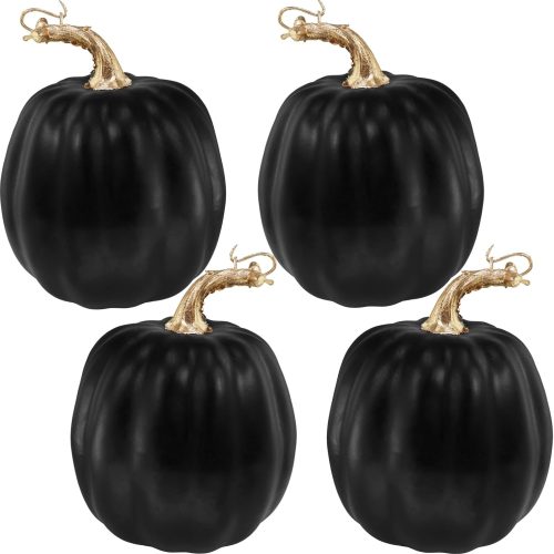 Winlyn 4 Pcs Black Artificial Pumpkins Halloween Pumpkins Faux Decorative Foam Pumpkins 6.7" Tall for Fall Autumn Home Halloween Party Thanksgiving Holiday Tabletop Centerpiece Mantel Shelf Décor